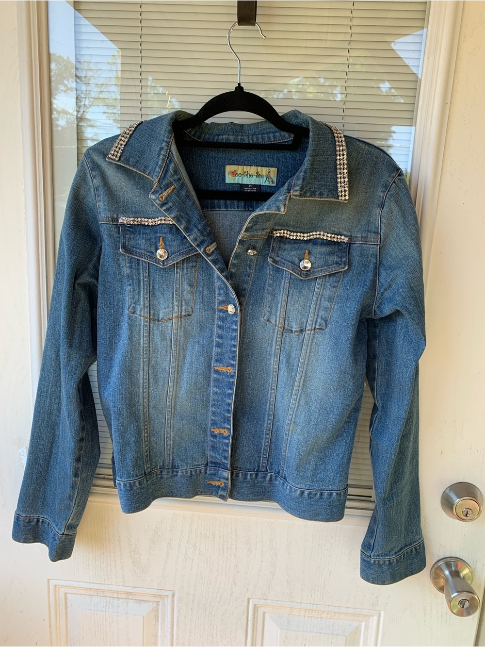 Embellished Blue Denim Jacket with Crystal Trim “Too-She-She”